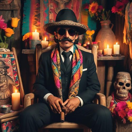 An image of Maximón, seated in a wooden chair, wearing a black suit, wide-brimmed hat, and sunglasses.