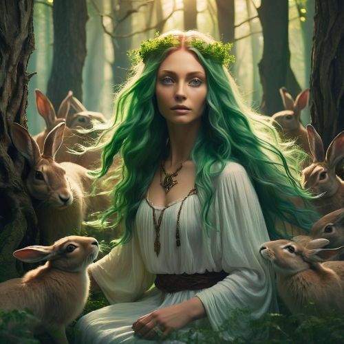 a mystical forest scene featuring Medeina, the Lithuanian goddess of nature
