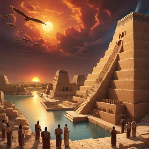 A grand ancient Mesopotamian city scene at sunset, featuring towering ziggurats, temple complexes, and stone statues of gods like Marduk, Ishtar, Enlil, and Ashur.
