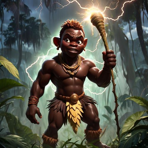 hero from Nyanga mythology, Mwindo stands alone in a lush Central African jungle.