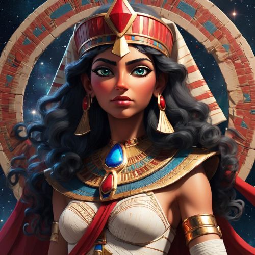 Neith, a regal Egyptian goddess wearing the Red Crown of Lower Egypt