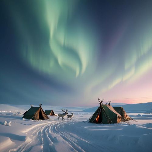 Nenets Mythology a serene Arctic landscape inspired by Nenets Mythology — an endless snow-covered tundra beneath a sky illuminated by northern lights.