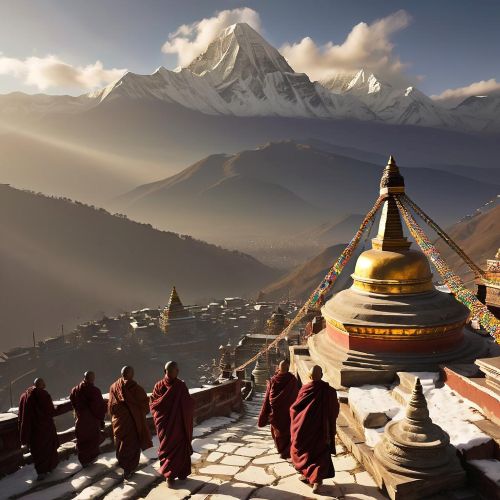 A mystical Himalayan scene at dawn with the snow-capped peaks of Mount Kailash and the Kathmandu Valley inspired by Nepali mythology