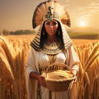 Mythlok - Nepit Nepit, the Egyptian goddess of grain, standing in a golden wheat field at sunrise.