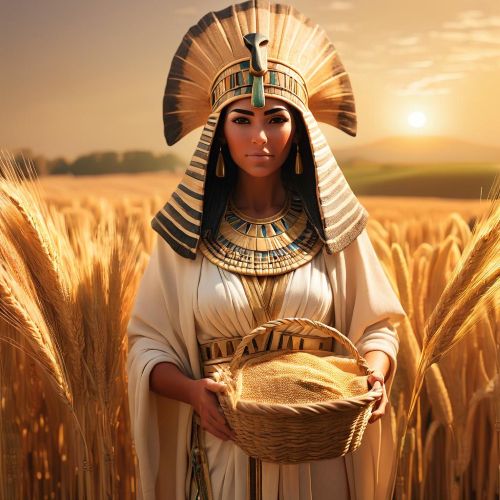 Nepit, the Egyptian goddess of grain, standing in a golden wheat field at sunrise.