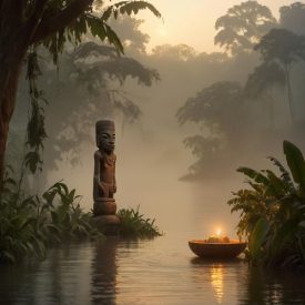 A misty rainforest scene along the Congo River at dawn, representing Ngombe mythology.