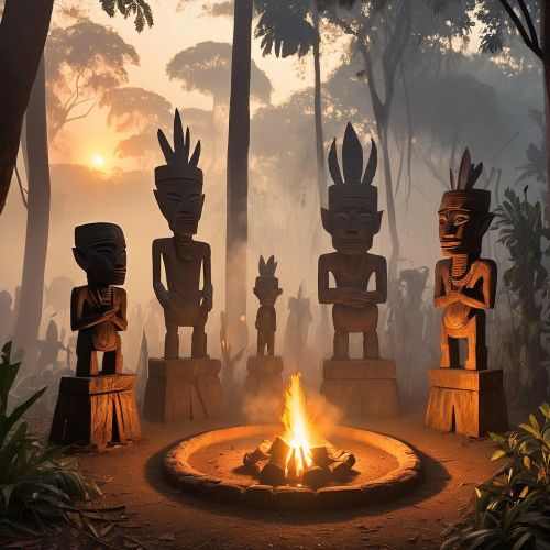 A serene Gabonese forest landscape at sunrise, representing Nzebi mythology.