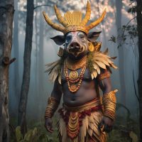 Mythlok - Panjurli Panjurli Deiva, A divine boar-faced guardian spirit from Indian mythology, standing in a forest clearing during twilight