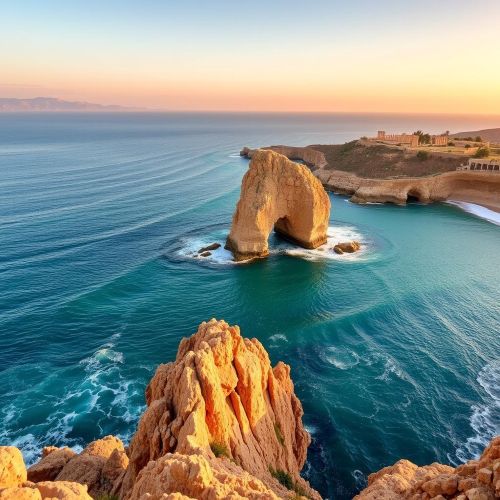 A panoramic view of Petra tou Romiou on the coast of Paphos, Cyprus, at golden hour.