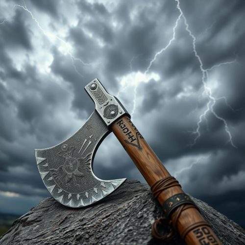 Slavic Perun's axe resting on a stone altar beneath a stormy sky.