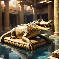 Mythlok - Petsuchos Petsuchos, a majestic, bejeweled crocodile resting in a sacred temple pool surrounded by Egyptian priests