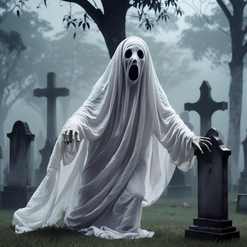 Pocong, the Malaysian ghost wrapped in a white burial shroud, hopping through a misty graveyard at night