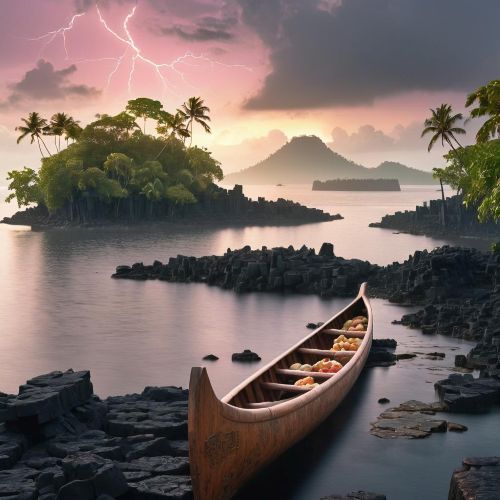 A mist-covered volcanic island at sunrise symbolizing Pohnpeian mythology.