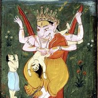 A classical painting of Prahlada with Narasimha