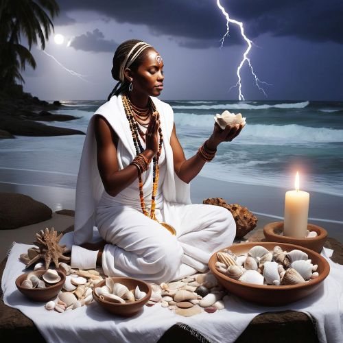 a serene and symbolic cultural artwork depicting Santeria spirituality.