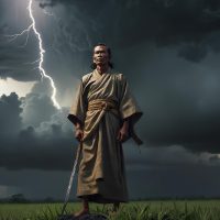 Mythlok - Satrio Piningit Satrio Piningit, a solitary Javanese warrior cloaked in humble robes, standing beneath a stormy sky
