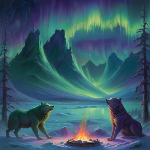 A vast Siberian tundra under the northern lights, glowing in shades of green, blue, and violet inspired by mythology.