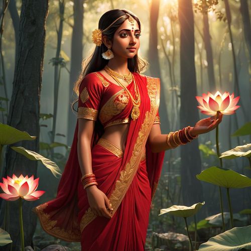 Sita from Indian mythology, standing in a forest clearing during her exile