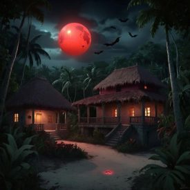 a haunting yet beautiful Caribbean night scene symbolizing the Soucouyant myth