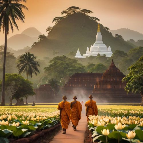 A majestic Sri Lankan landscape at sunrise, featuring the ancient city of Anuradhapura with its great white stupa and lush tropical surroundings