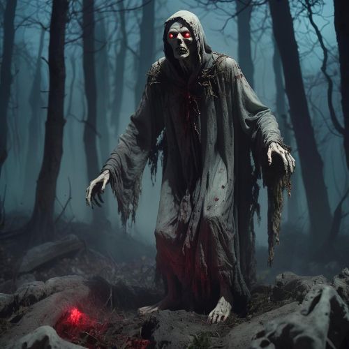 A pale, undead Romanian Strigoi emerging from a forest grave at night, with glowing red eyes