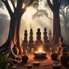A tranquil Central African woodland at sunrise, symbolizing Suku mythology