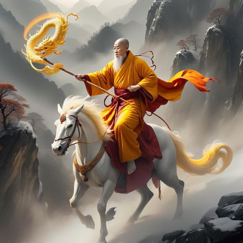 Tang Sanzang, a serene Chinese monk in flowing saffron robes riding a white dragon-horse
