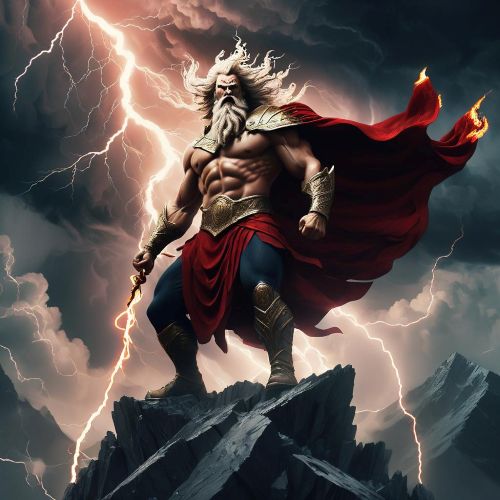 image of Theshxwe, the Circassian thunder god, standing atop a stormy mountain peak.