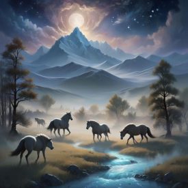 a mystical landscape inspired by Tuvan Mythology — depicting the Siberian mountains and steppes under a twilight sky filled with stars