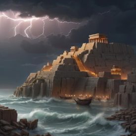 An ancient coastal city inspired by Ugaritic mythology at dusk