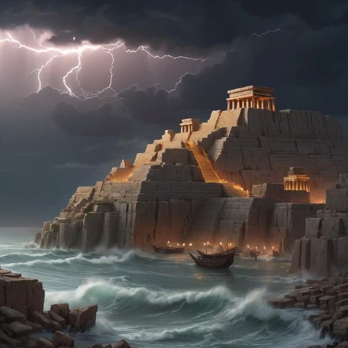An ancient coastal city inspired by Ugaritic mythology at dusk