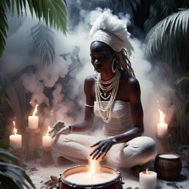 a mystical, atmospheric image representing Haitian Vodou culture