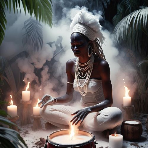 Vodou Mythology a mystical, atmospheric image representing Haitian Vodou culture