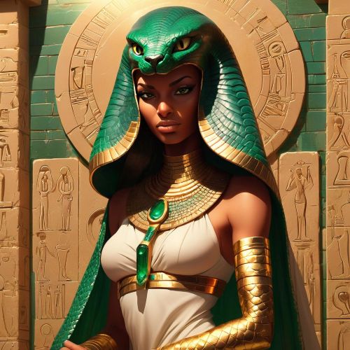 Wadjet, the Egyptian cobra goddess depicted as a regal cobra with emerald green scales