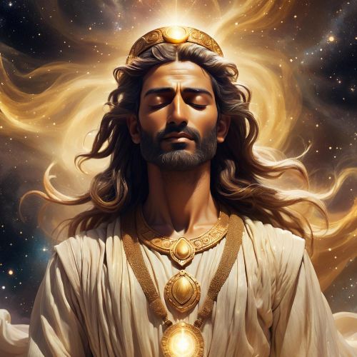 Xwedê, the supreme creator deity in Yezidi mythology, as a luminous humanoid figure standing in a vast cosmic void.