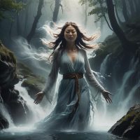 Mythlok - Yer-Sub Yer-Sub a mystical female spirit emerging from a mountain spring, with flowing water-like hair,