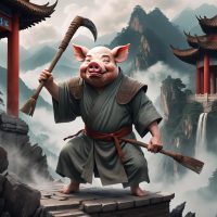 an image of Zhu Bajie from Chinese mythology, featuring a pig-headed humanoid in monk robes