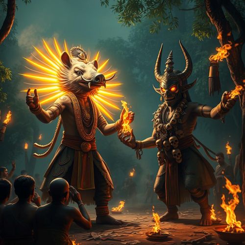 painting of Panjurli and Guliga during a Bhuta Kola ritual.