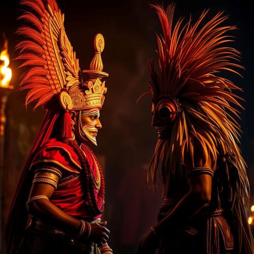 a vivid scene showing a Theyyam vs Bhuta Kola performer