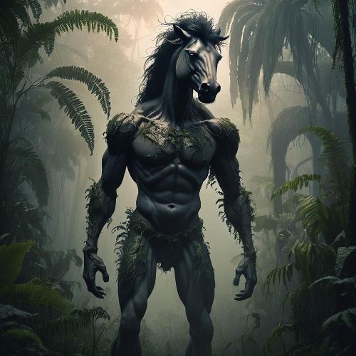 the Tikbalang’s eyes glow faintly gold, its long black mane flowing in the humid wind.