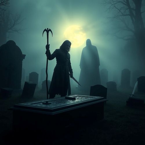 A cinematic dark fantasy scene of a vampire hunter standing over an ancient coffin in a foggy graveyard trying to kill a vampire