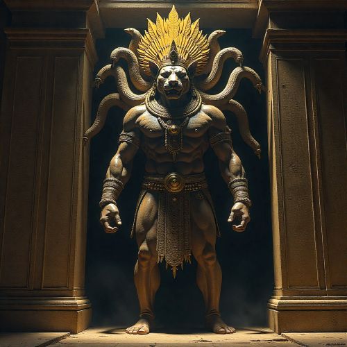 Moche deity Ai Apaec emerging from a dimly lit temple mural,