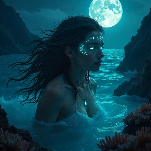 Aiaru, the Tahitian goddess of death and fate, emerging from the deep ocean.