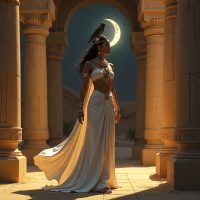 Amesami, the Kushite moon goddess. She stands in an ancient Nubian temple at dusk, wearing a long white robe