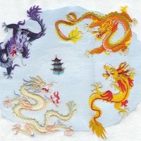 Drawing of the Chinese dragon Ao Qin with other dragons