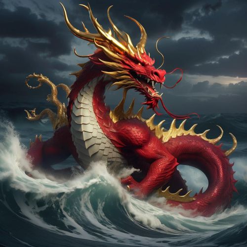 Ao Qin, the Dragon King of the South Sea, depicted as a majestic red-scaled dragon with golden antlers,