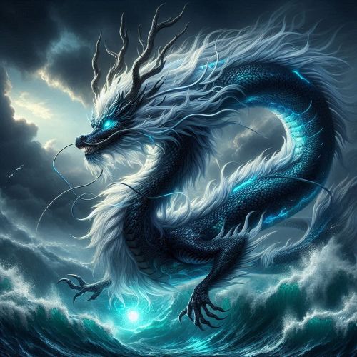 Ao Shun, the Dragon King of the North Sea, in his majestic dragon form, soaring above a stormy Arctic-blue sea