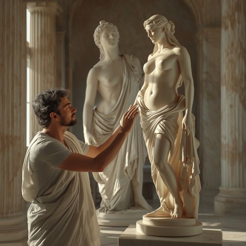Aphrodite’s Blessing to Pygmalion in his studio with the marble statue