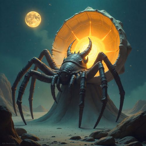 Areop-Enap woven with shimmering cosmic silk, emerging from the dark interior of a giant celestial clam