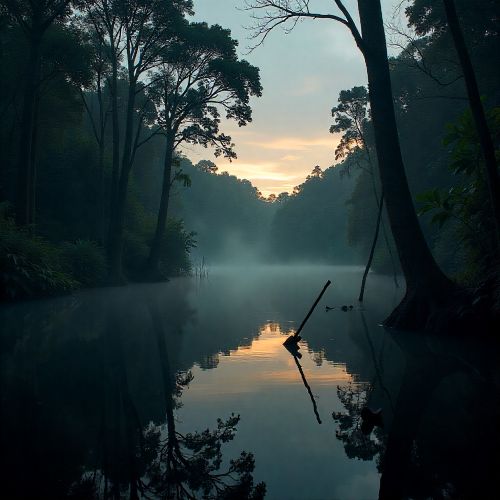 scene inspired by Asmat mythology: a sacred riverside forest in Papua at dusk, towering mangroves and mist rising over dark waters.